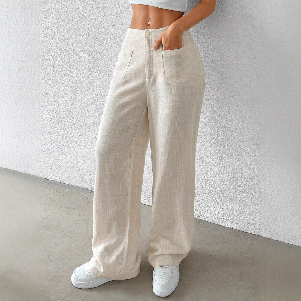 Damen weite Leinenhose mit elastischem Bund und praktischen Taschen GR