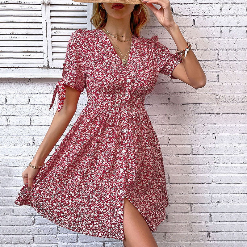 Women's blouse dress with floral patterns and playful ruffles, size