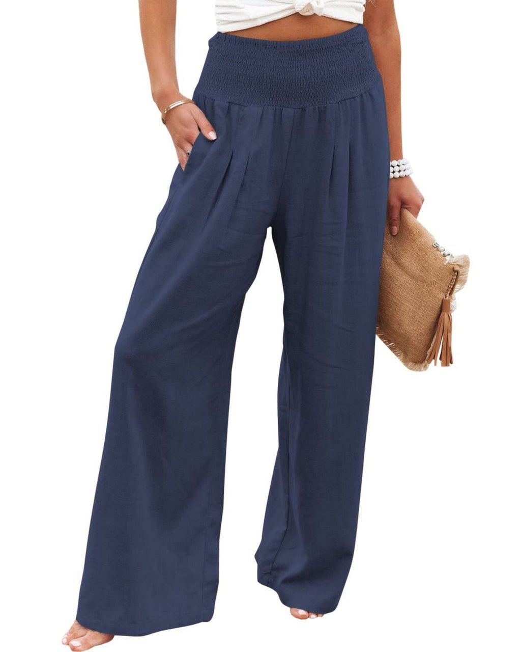 Damen Weite Leinenhose mit elastischem Bund und Falten GR