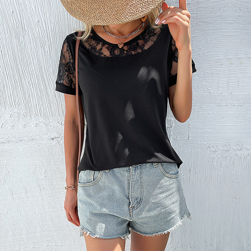 Women's T-shirt with elegant lace sleeves and a relaxed fit, size S