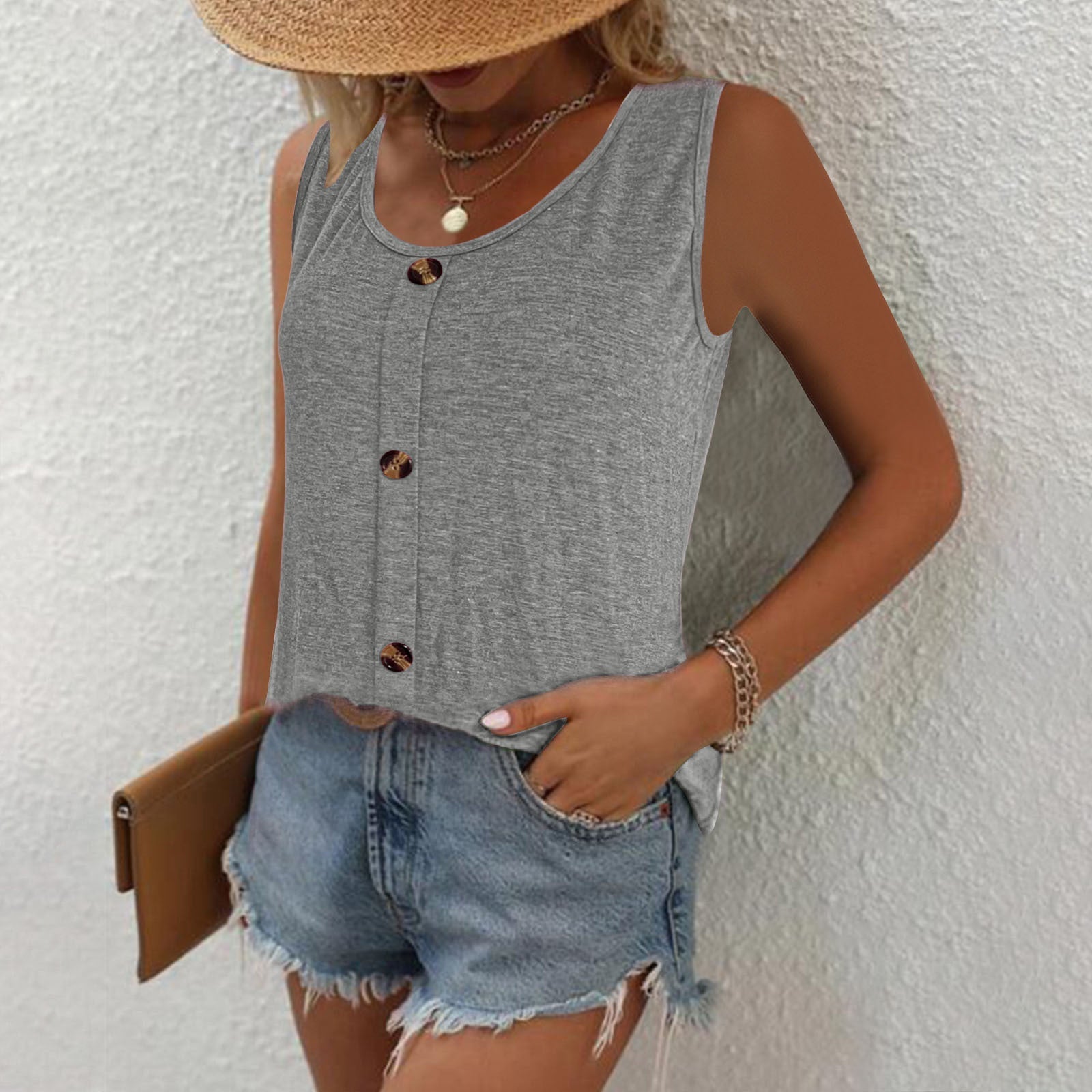 Women's sleeveless button-up top with a modern cut and comfortable fit, size [size missing]