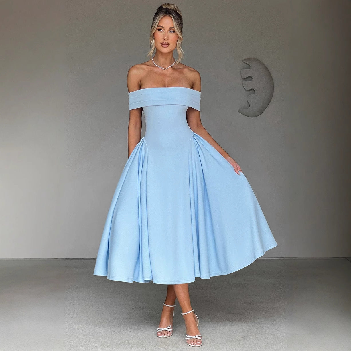 Women's elegant evening dress with off-the-shoulder design and voluminous skirt, size S