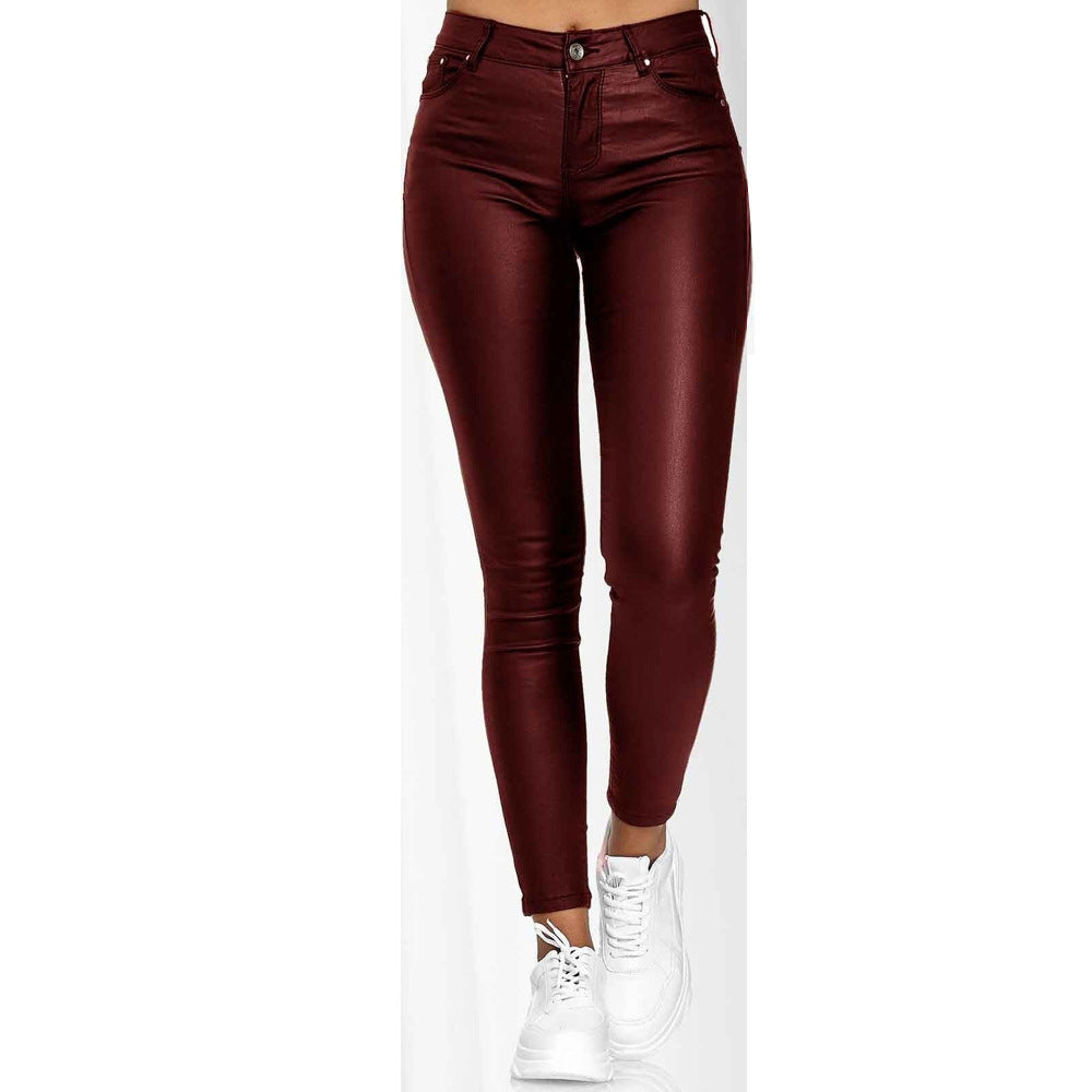 Damen figurbetonte Kunstleder-Hose mit mattem Finish und tiefem Bund GR