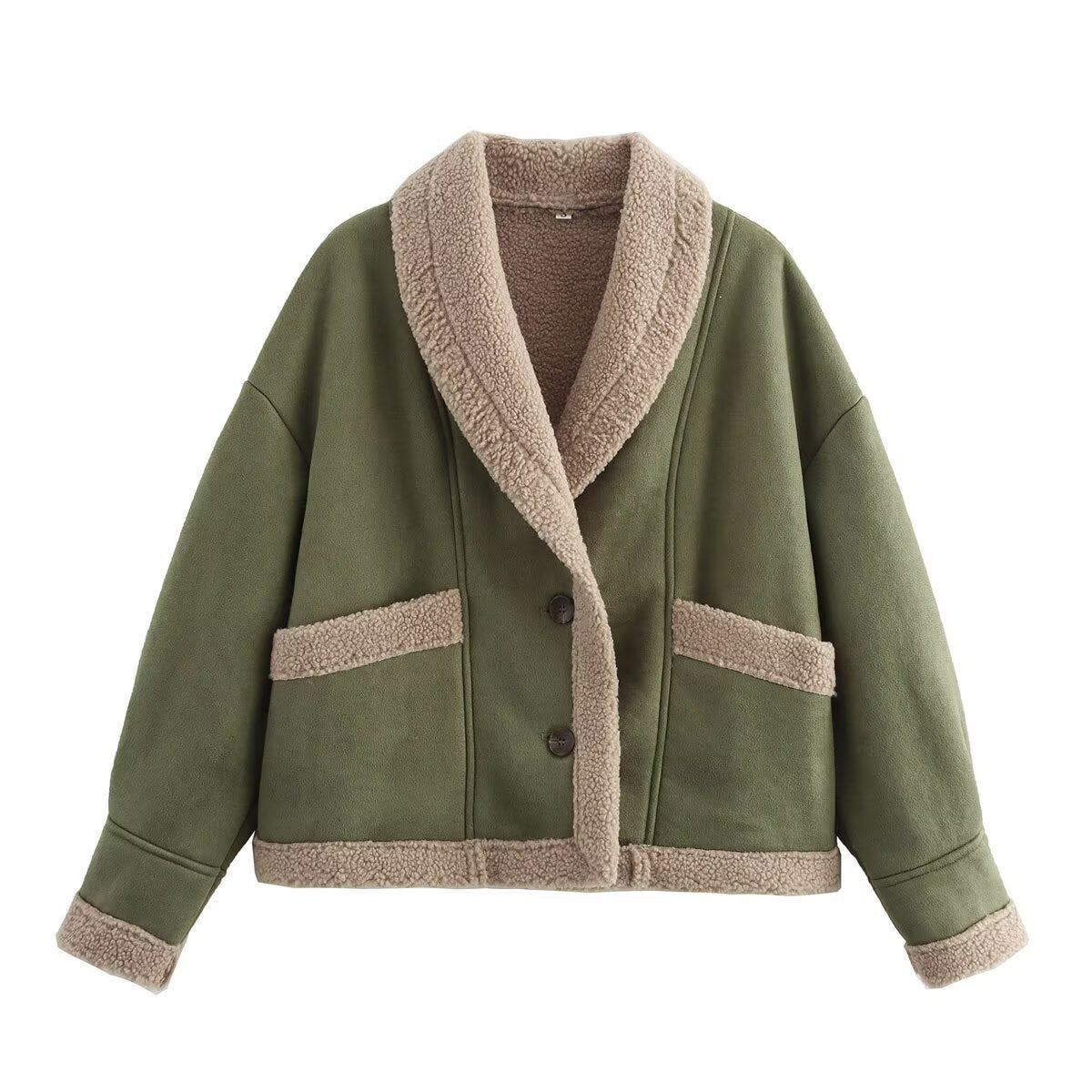 Women's cozy oversized jacket with soft lining and elegant button placket, size S