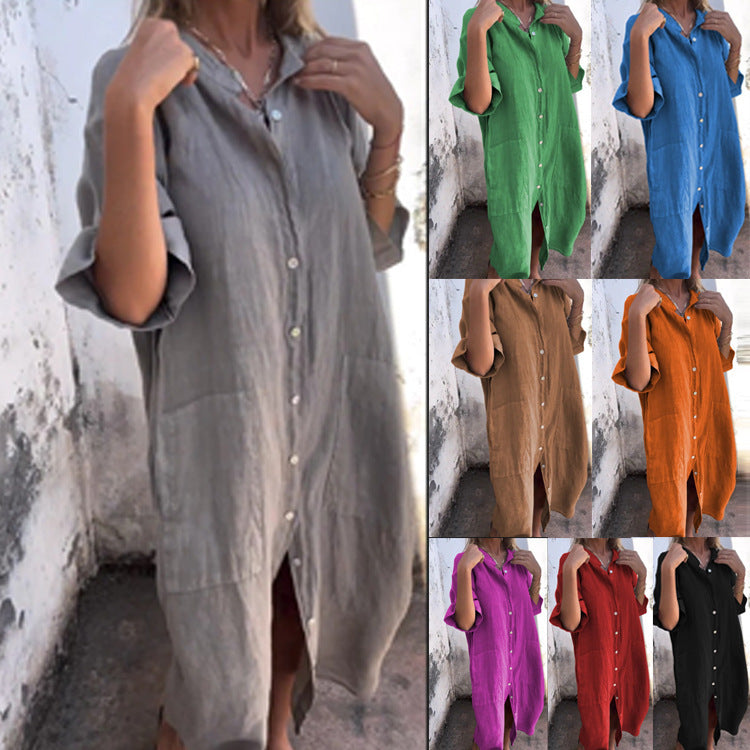 GR | Loose, casual cotton-linen shirt dress with half sleeves