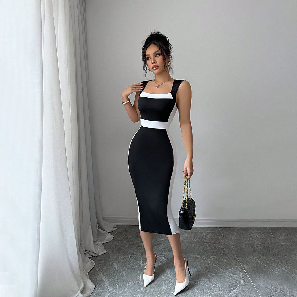 Women's figure-hugging midi dress with elegant color contrast and chic neckline, size [size missing]