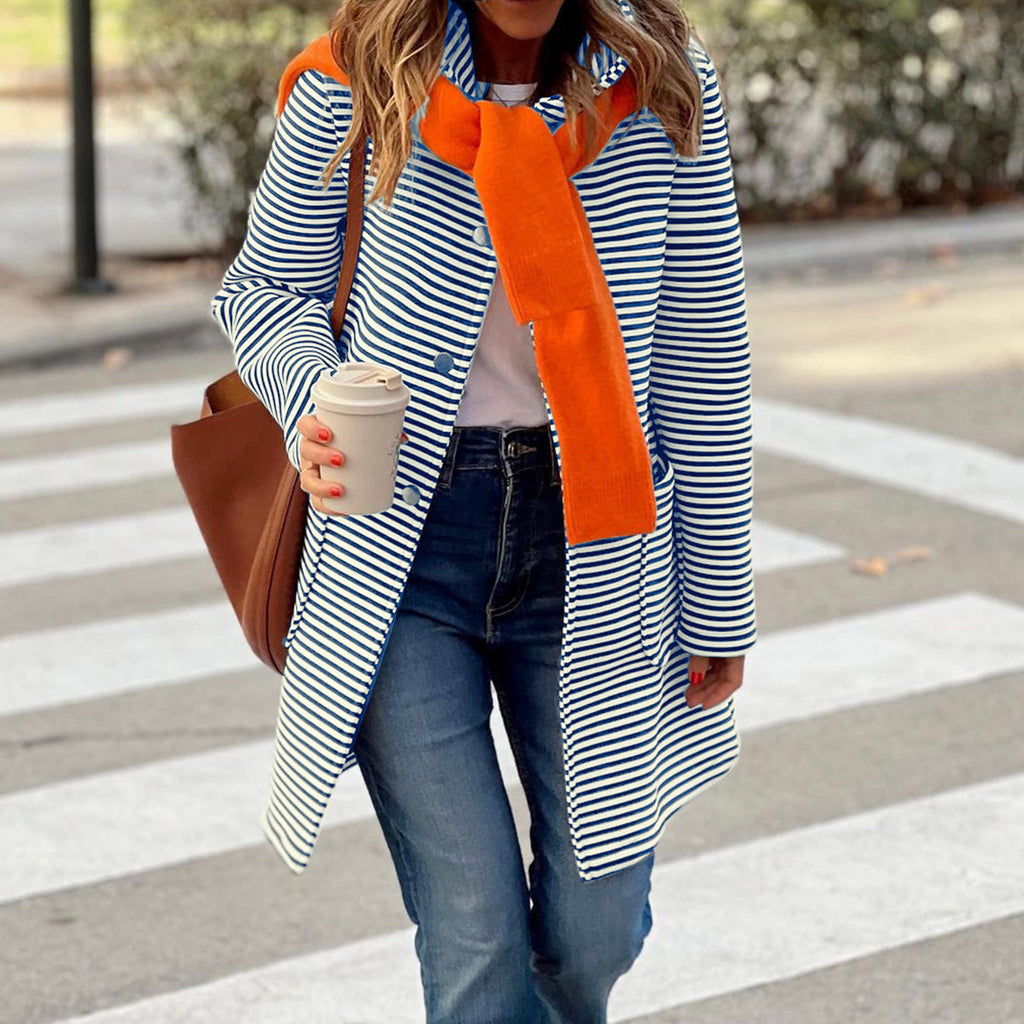 Women's striped trench coat with fashionable scarf and high functionality, size S