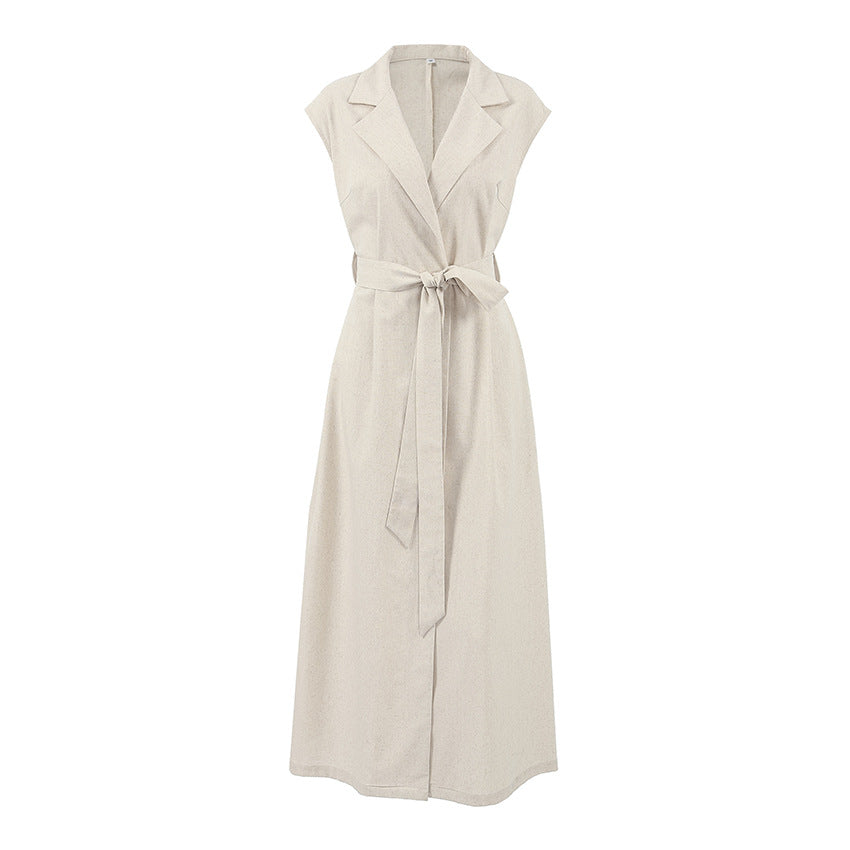 GR | Lange Kleid Baumwoll Leinen Mischung Hohe Taille Wickel Ärmelloses Kragenförmiges Design