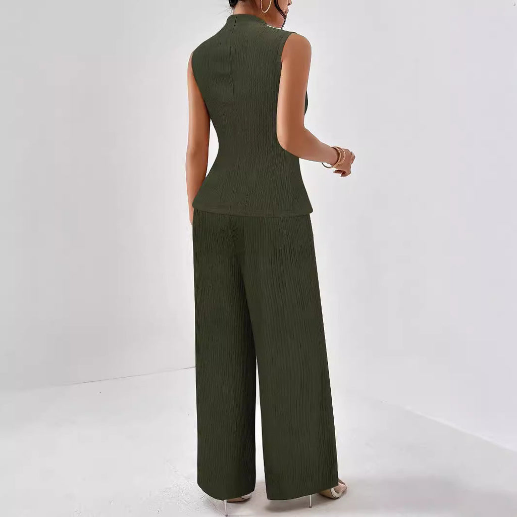 Women's elegant jumpsuit with high collar and wide leg, size