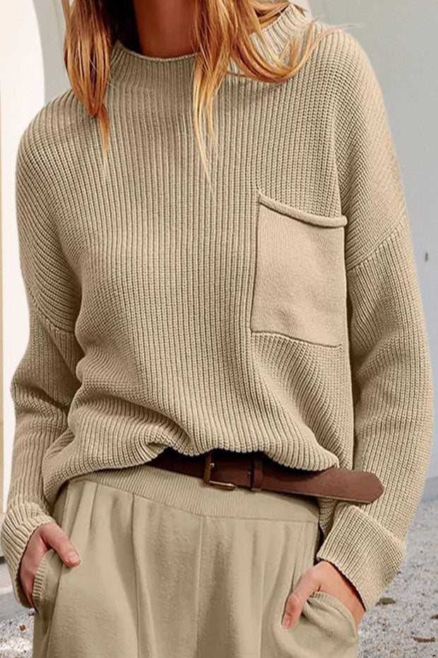 GR Entspanntes Langarm-Taschen-Strick-Sweatshirt