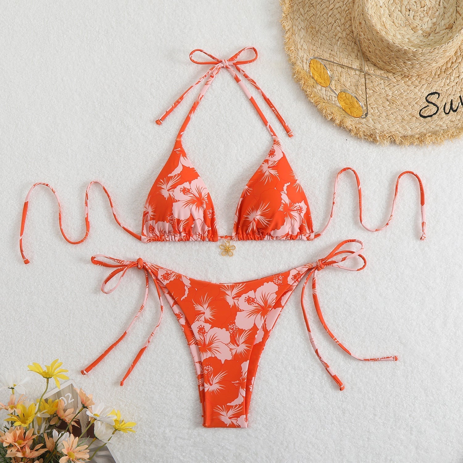 GR | Women's triangle bikini set with playful floral pattern and tie straps