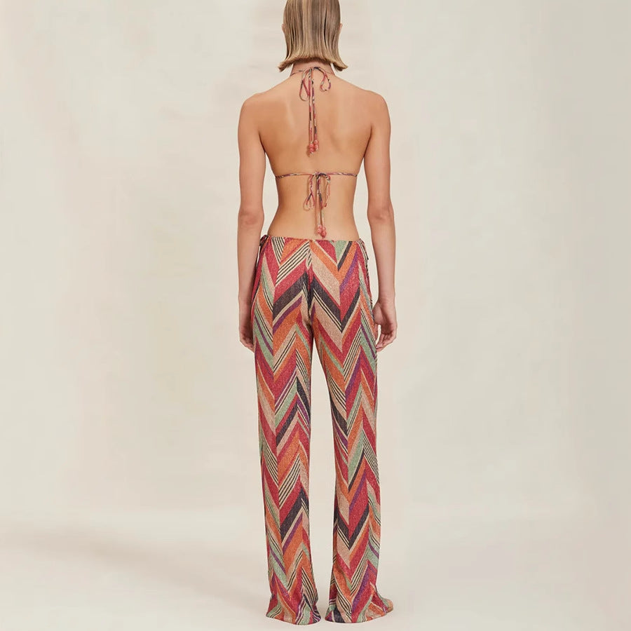 Women's casual beach suit with geometric pattern and loose fit, size