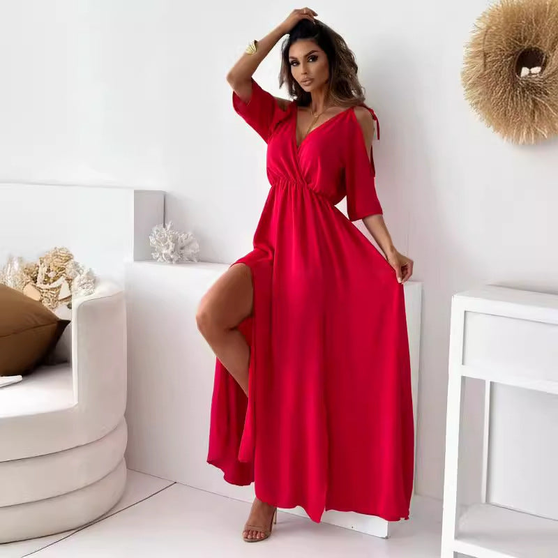 GR | Satin-Träger-Spitzen-V-Ausschnitt-Langes Kleid