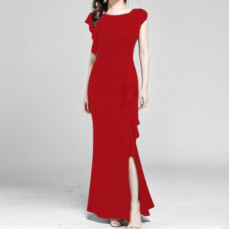 Women's sheath dress with asymmetrical ruffles and high slit, size [size]