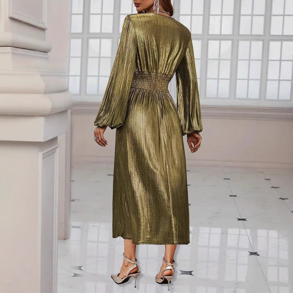 Women's elegant midi dress with metallic sheen and sophisticated puff sleeves, size [size]