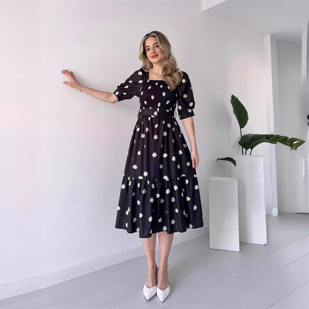 GR | Bedrucktes, taillenbetontes U-Ausschnitt Elegantes Kleid