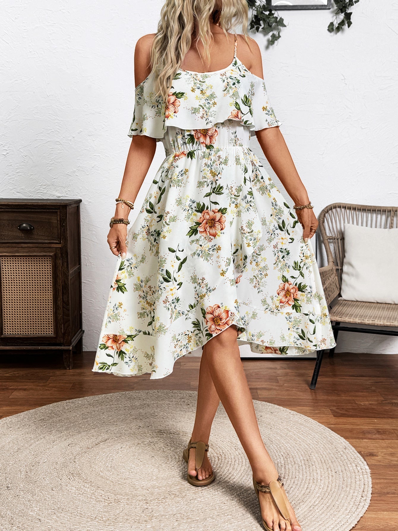 Damen Blume Dekolleté Kleid mit schwingendem Saum und lockerem Schnitt GR