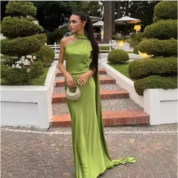 Women's elegant evening dress with a one-sided cape and sophisticated draping, size GR