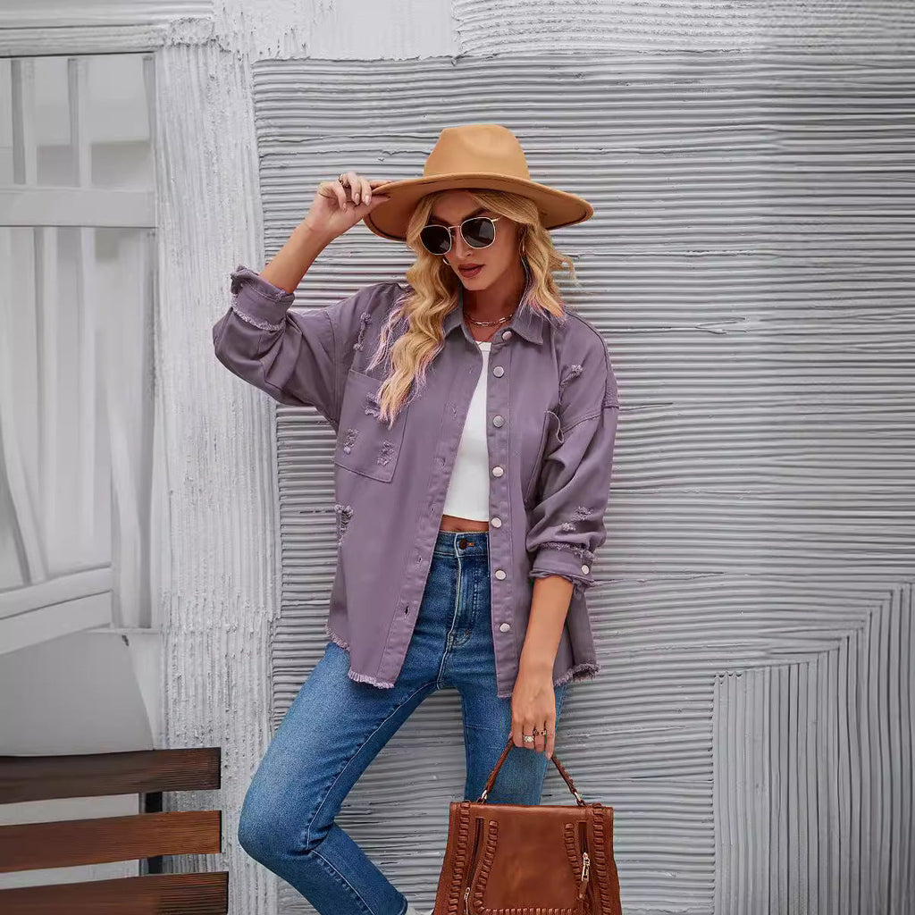 Women's denim shirt jacket in a casual oversized cut with fringed details, size GR