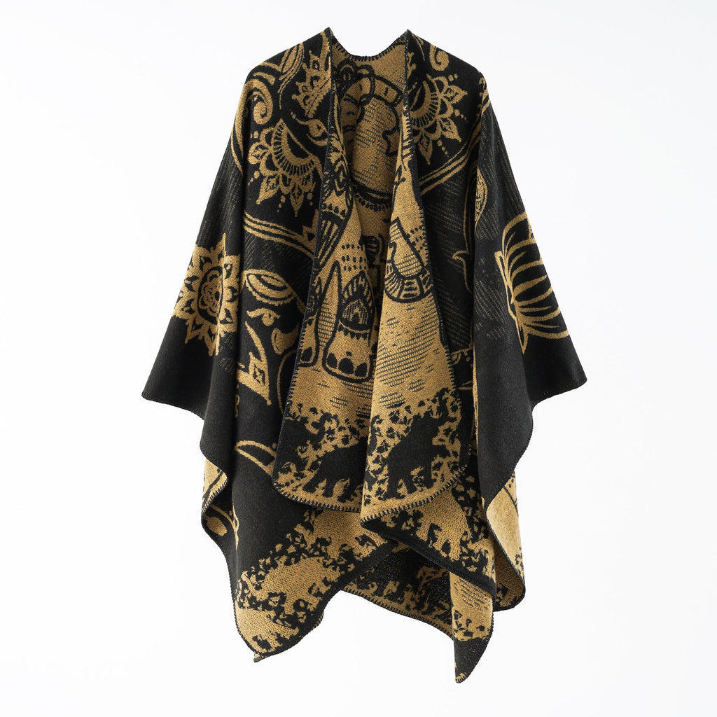 Women's elegant transitional poncho with an artistic floral pattern and fringed edges, size GR