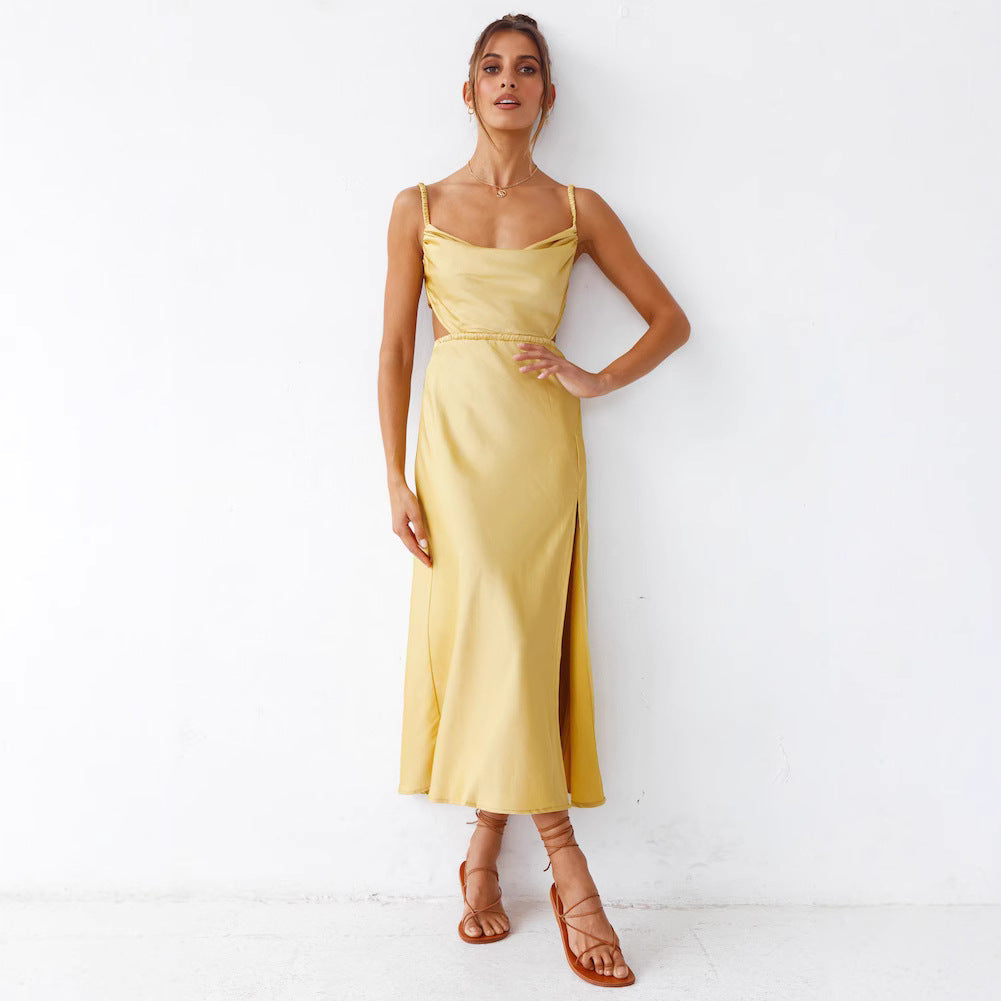 Women's satin midi dress with sophisticated ruffle details and elegant comfort, size S