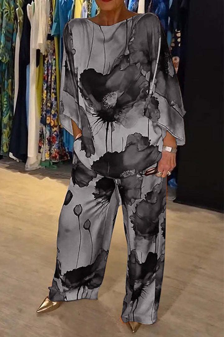 GR | Elegant satin one-shoulder printed loose set 