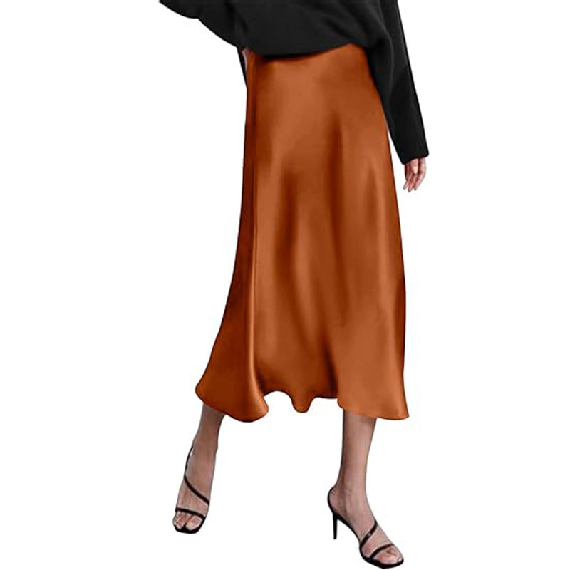 Women's elegant midi skirt in satin viscose with a flowing drape, size GR