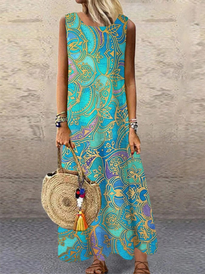 GR | Floral Print Round Neck Long Dress