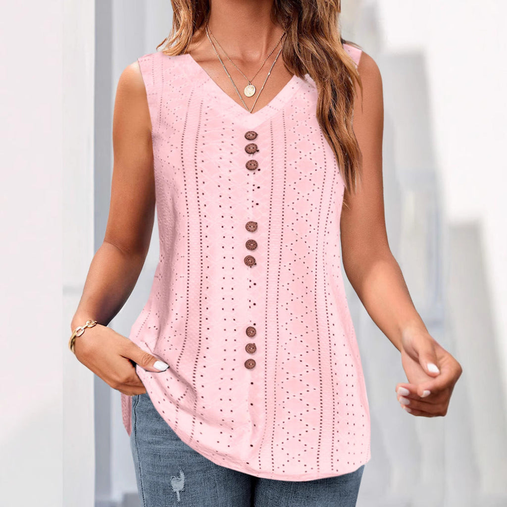 Women's sleeveless blouse with delicate openwork pattern and button placket, size [size missing]