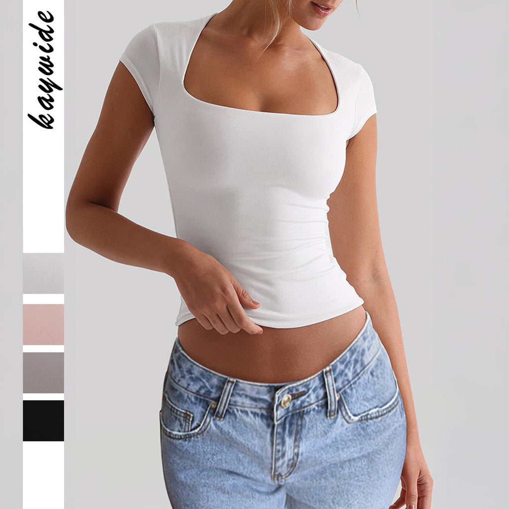 Women's fitted top with deep square neckline, size