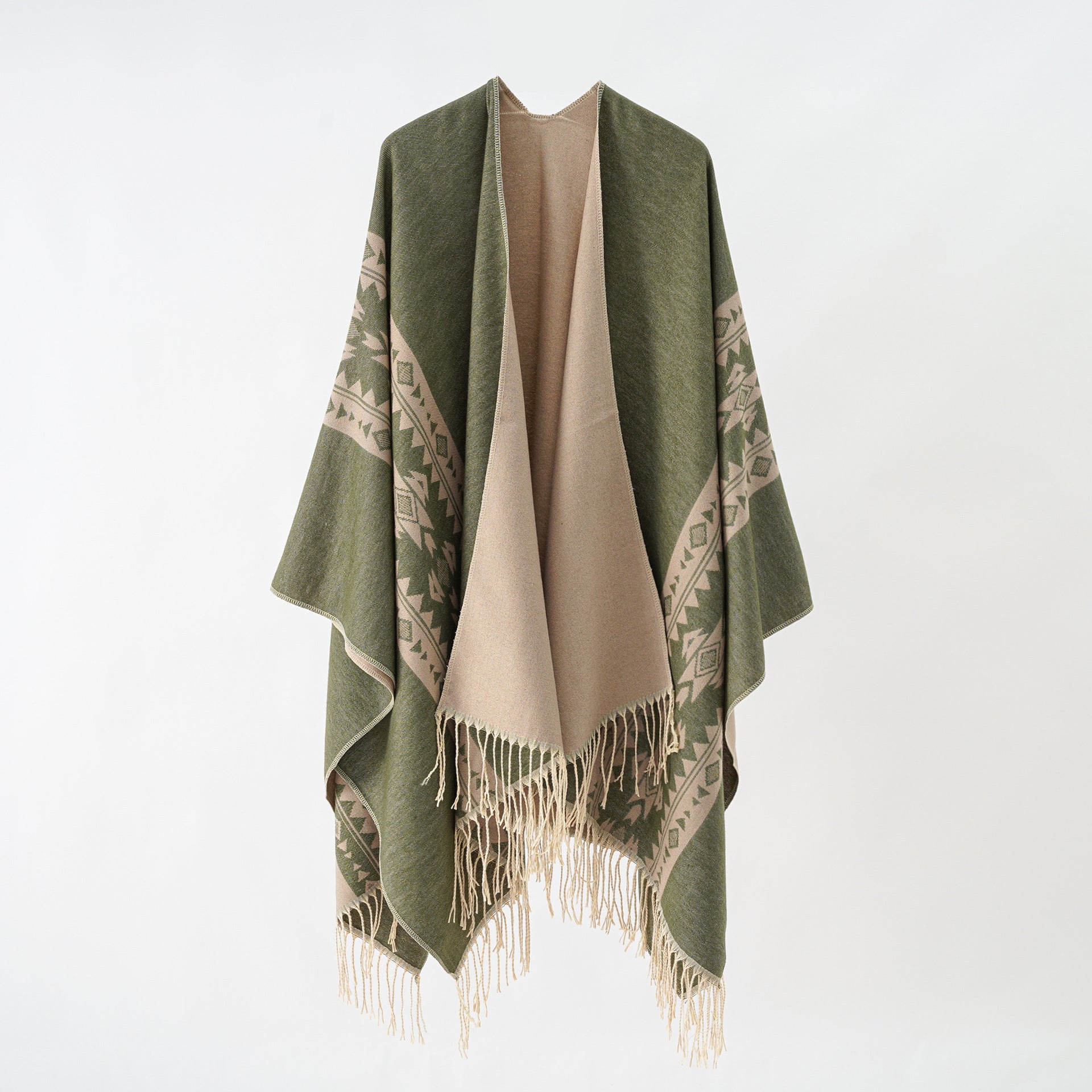 Damen eleganter Strickponcho mit kunstvollen Fransen und floralen Akzenten GR
