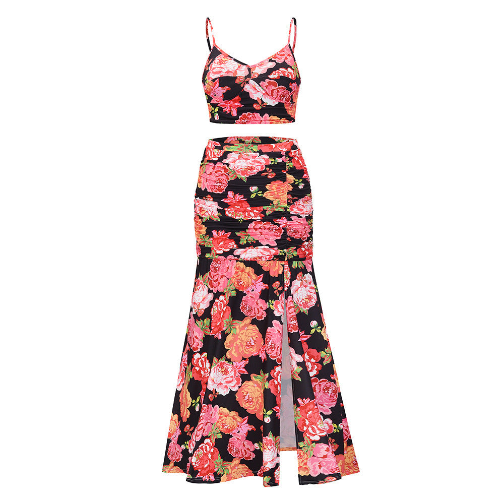 GR | Spaghetti Strap Sleeveless Crop Top High Slit Long Skirt Set