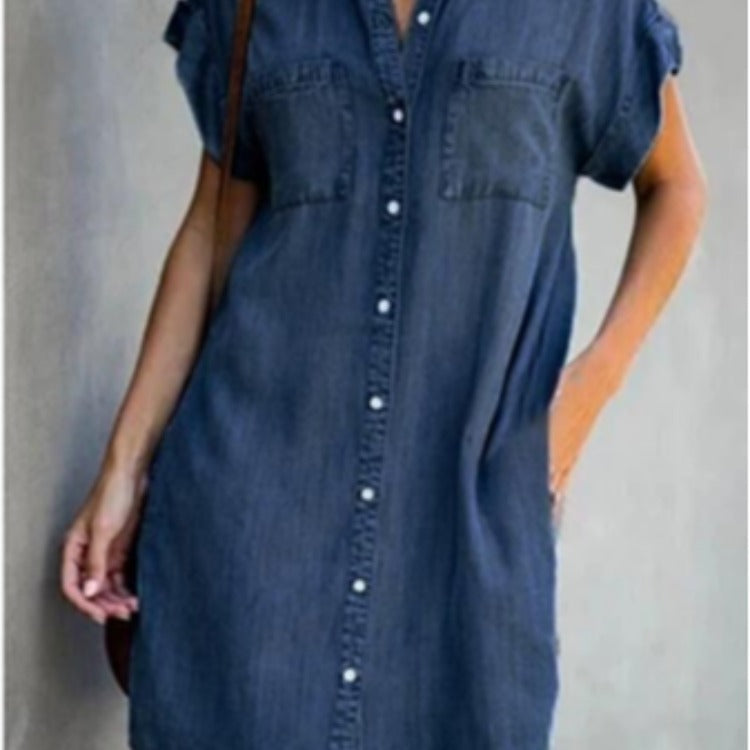 Women's denim shirt dress with two patch pockets and button placket, size