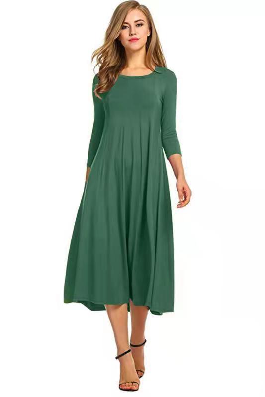 GR | Quadrat-Ausschnitt 3/4-Lange Uni-Farbe Midi-Kleid
