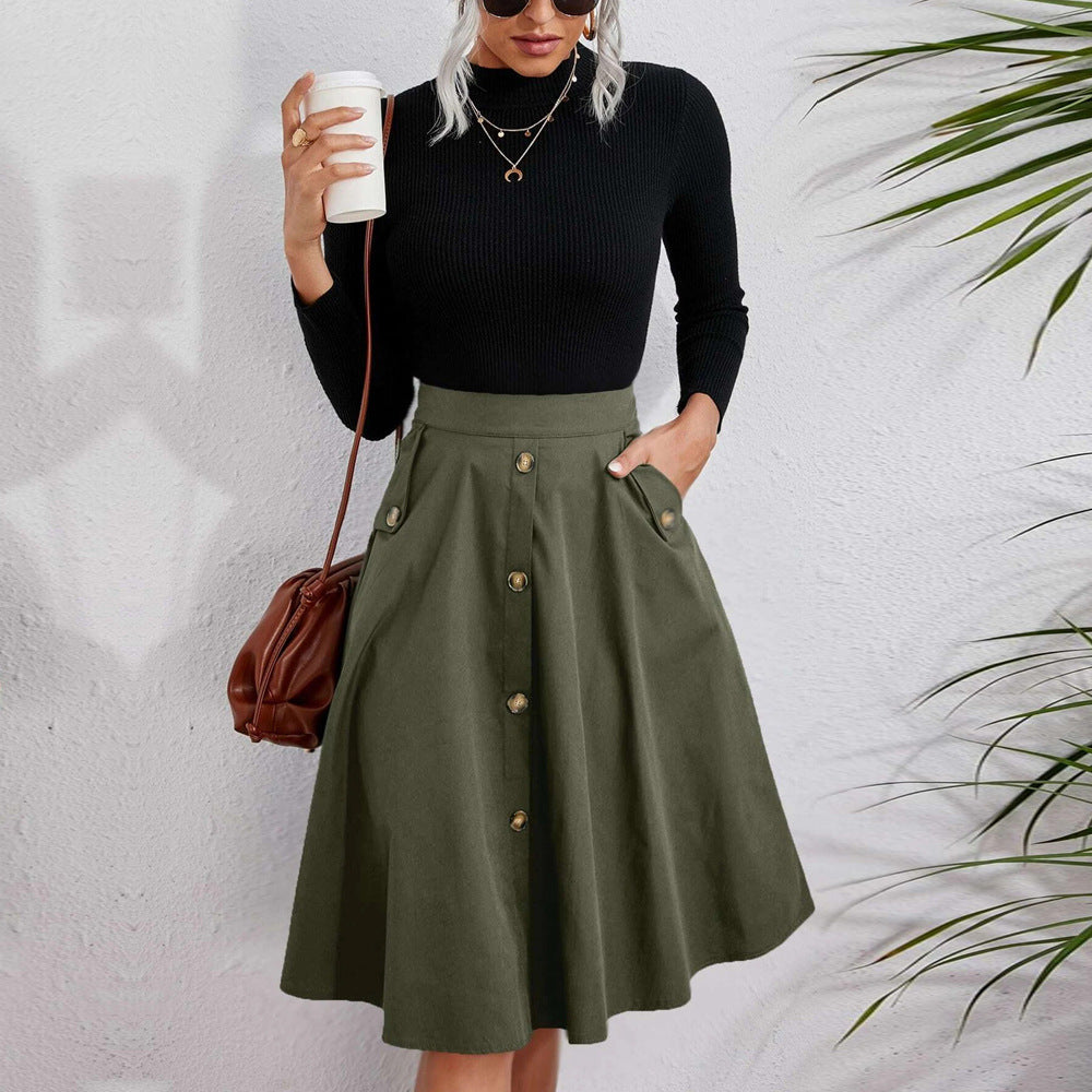GR | Button-hemmed elegant umbrella midi skirt