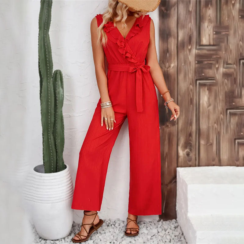 Women's elegant jumpsuit with ruffle details and waist belt, size