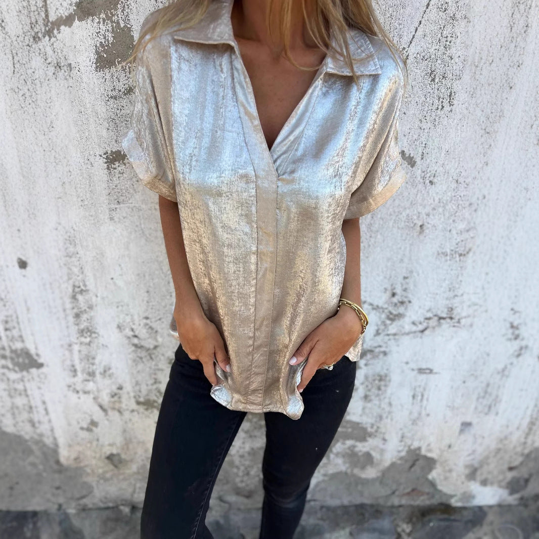 Damen Kurzarm-Seidenbluse mit elegantem Glanz und modischem Revers GR