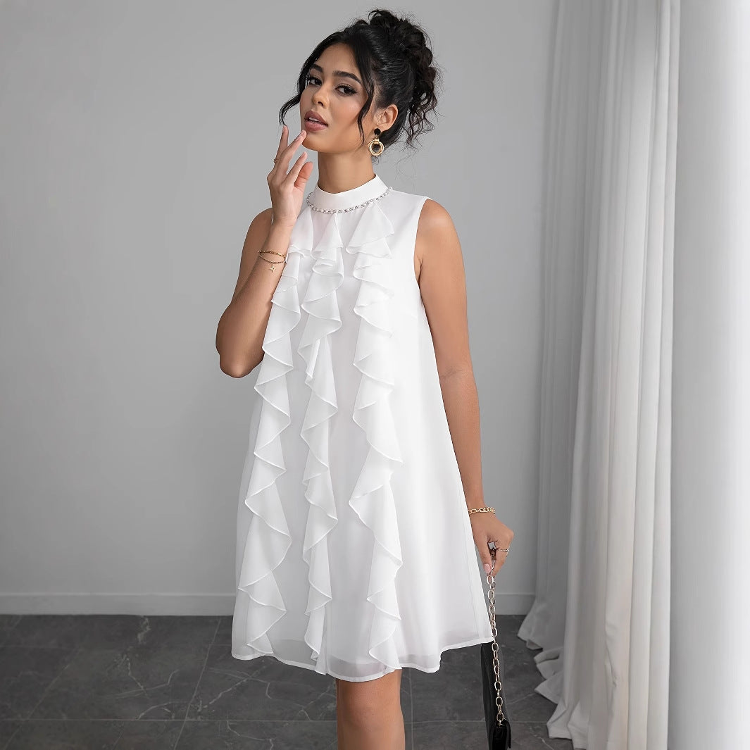 Women's chiffon dress with voluminous ruffle details and elegant stand-up collar, size [size missing]