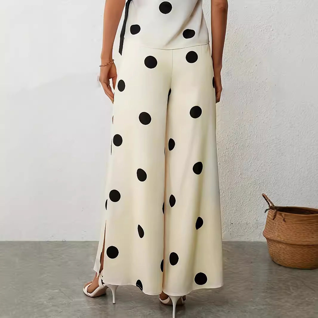 Women's wide-legged, airy polka-dot palazzo pants with elegant side slits, size [size missing]