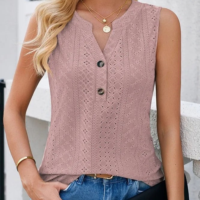 Women's sleeveless blouse top with button-decorated details and fine openwork pattern, size S