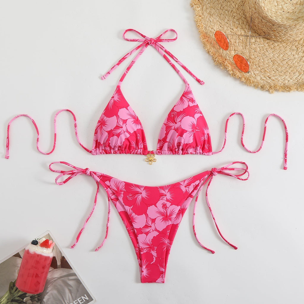 GR | Women's triangle bikini set with playful floral pattern and tie straps