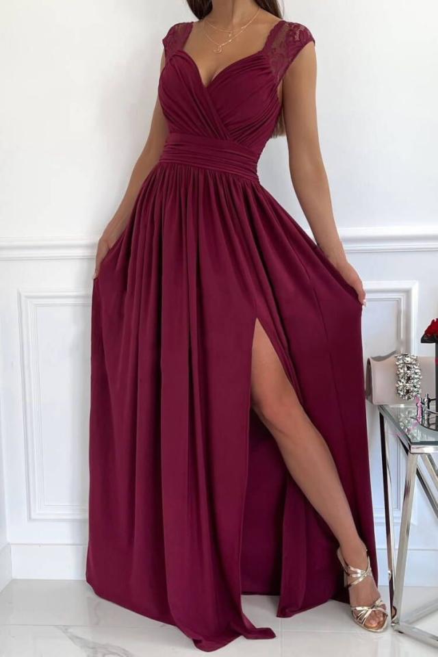 Glamorous ruffled evening dress with V-neck & slit