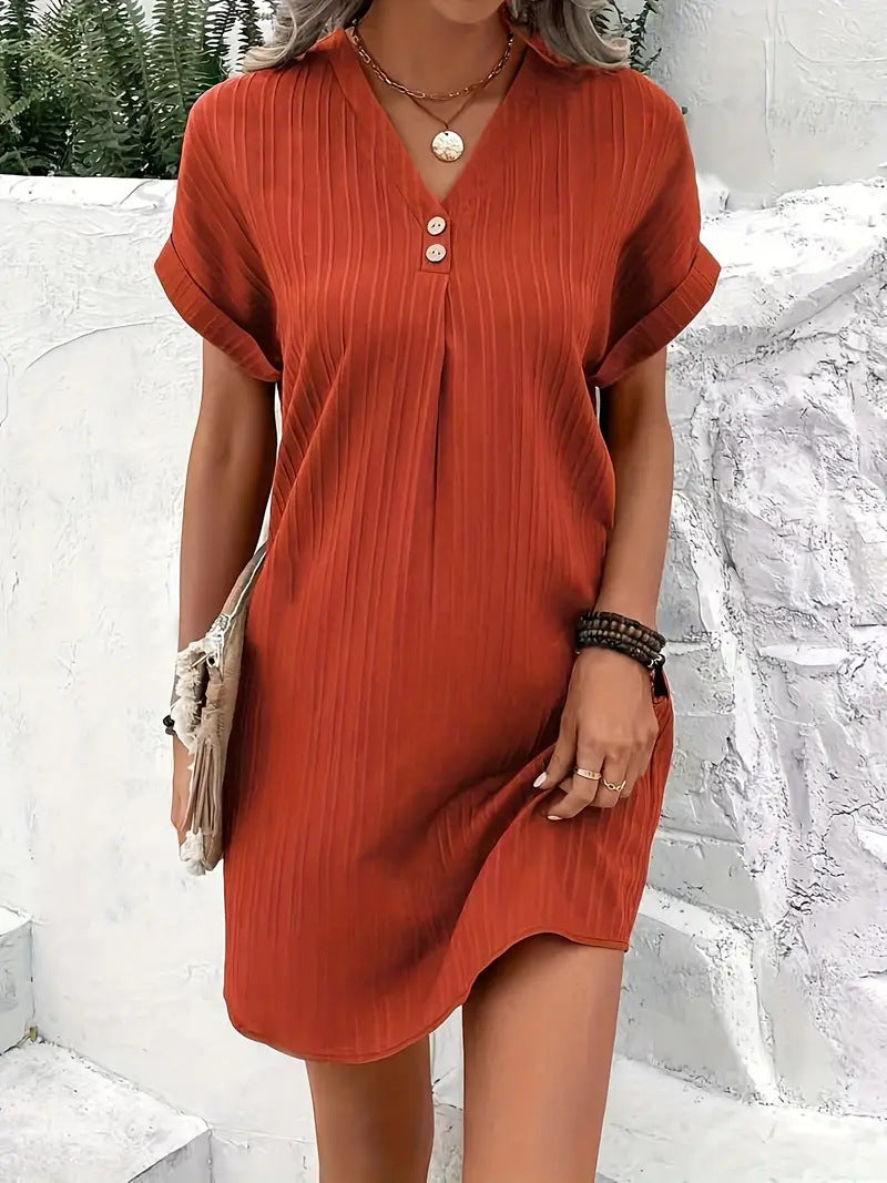 Damen Kurzarm Kleid mit Knopfleiste und feinem Längsstreifenmuster GR