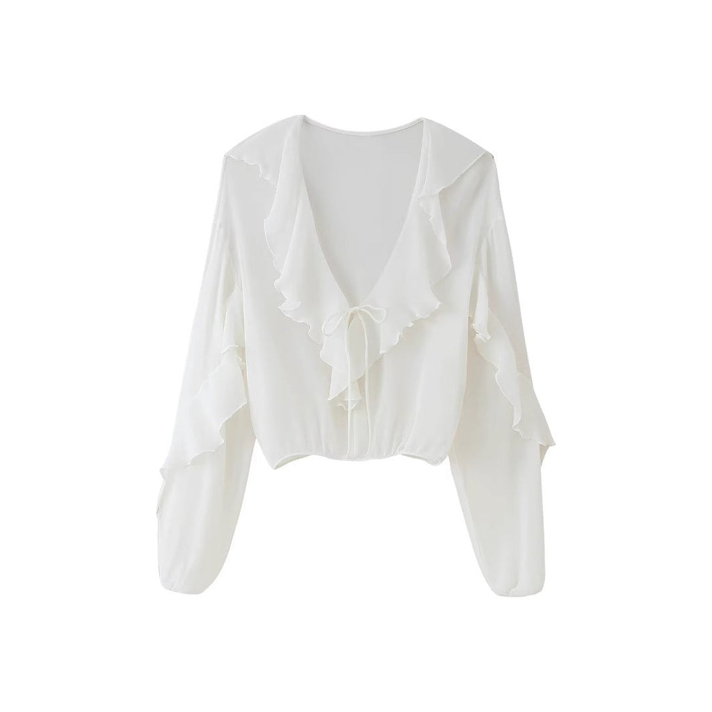 Damen Bluse mit romantischen Rüschen und tiefem V-Ausschnitt GR