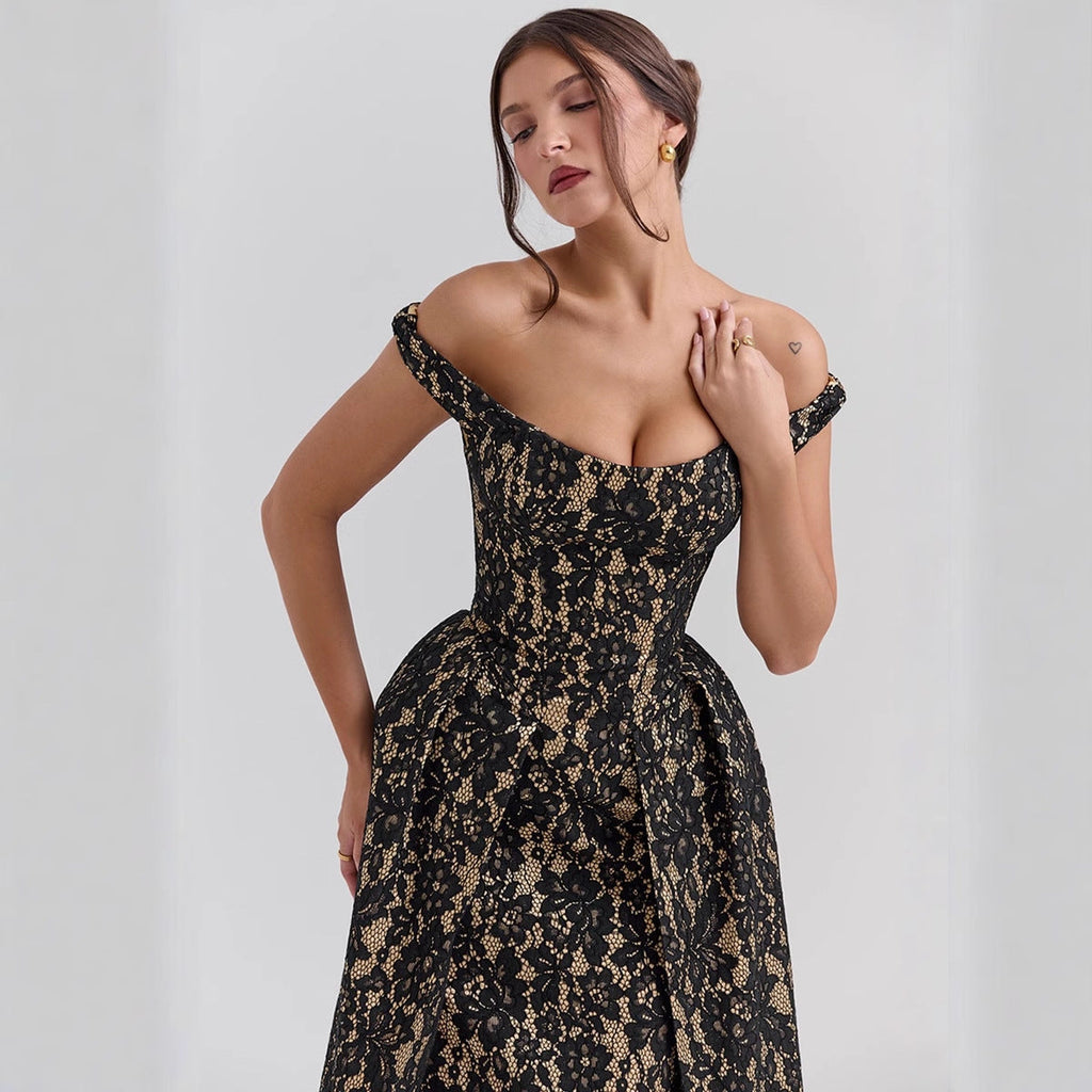 Damen Abendkleid mit schulterfreiem Design und exquisite Spitze GR