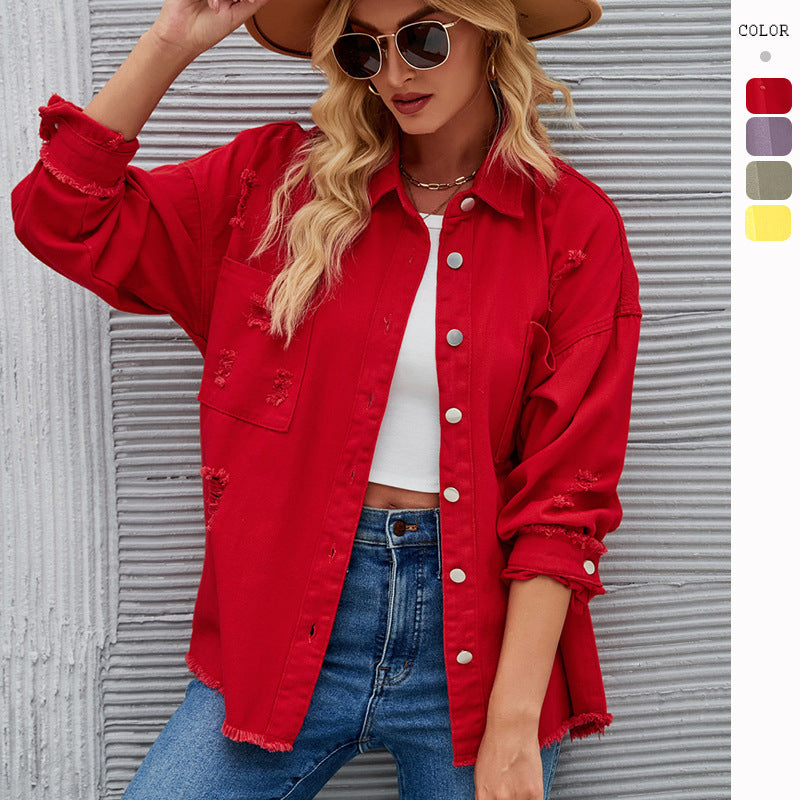 Women's denim shirt jacket in a casual oversized cut with fringed details, size GR