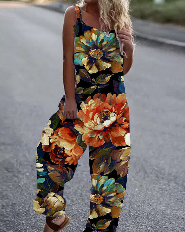 GR | Large floral pattern lightweight fabric dungarees