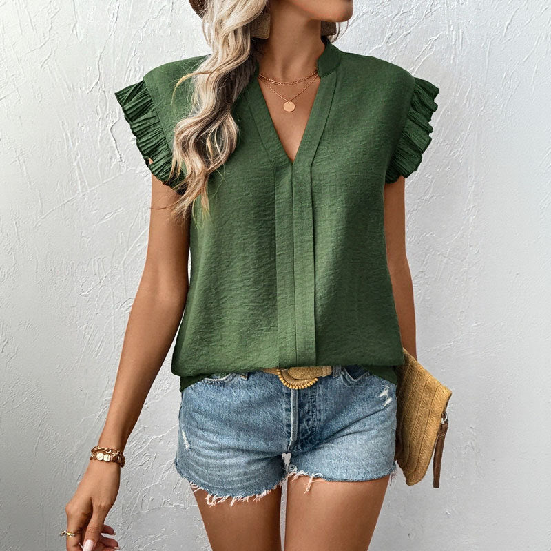 Damen Bluse mit voluminösen Rüschenärmel und eleganter V-Ausschnitt GR