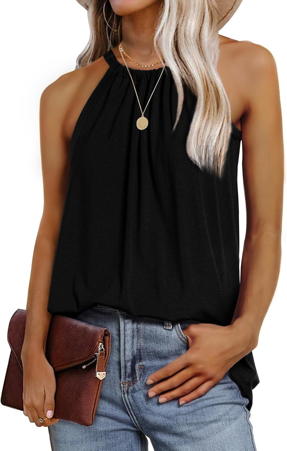 Women's sleeveless top with elegant wrap design and flowing fabric, size S
