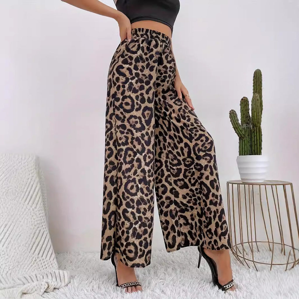 Damen Weite Leopard-Hosen aus fließendem Material mit elastischem Bund GR